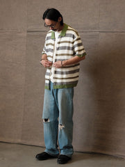 配色ストライプ透かし編みニット半袖カーディガン