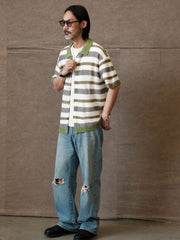 配色ストライプ透かし編みニット半袖カーディガン