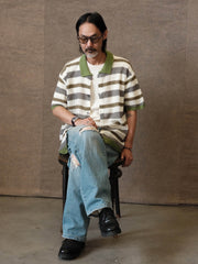 配色ストライプ透かし編みニット半袖カーディガン