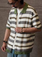 配色ストライプ透かし編みニット半袖カーディガン