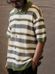 配色ストライプ透かし編みニット半袖カーディガン