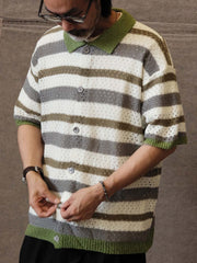 配色ストライプ透かし編みニット半袖カーディガン