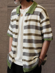 配色ストライプ透かし編みニット半袖カーディガン