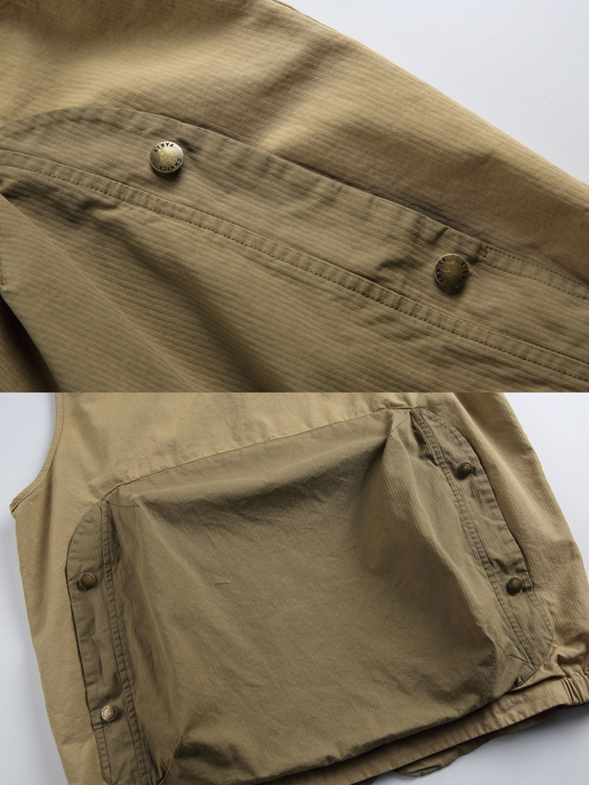 ノマドジャーナリストシャツの正面デザイン。1954年ベトナム戦争時のAP通信戦地カメラマンの装備を再現したミリタリーギア風デザインで、3つのフラップ付きポケットと軽量梭織(しょうしょく)生地が特徴的
詳細画像
マットな5本爪スナップボタンと、戦地カメラマンの実用性を考慮して配置された3つのフラップ付きポケットのディテール特写。独自のシワ加工が施され、経年変化を楽しめる仕上がり