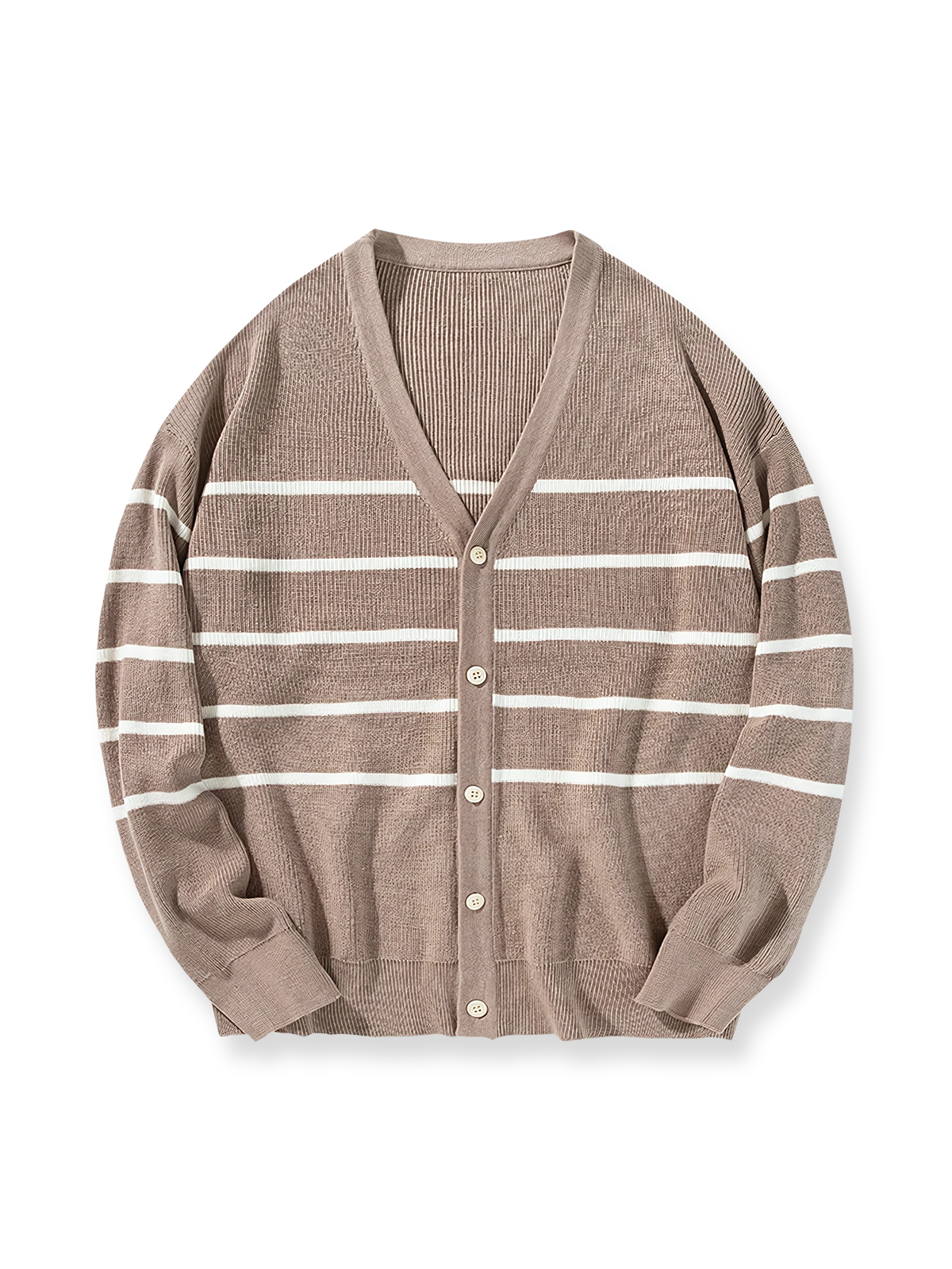 製品画像: クラシックなストライプ柄と柔らかなアクリルコットン素材で仕立てたニットカーディガン全体の外観。
詳細画像: 9ゲージの精密な編み目で仕上げたストライプ柄のディテールと、柔らかなアクリルコットン素材のクローズアップ。