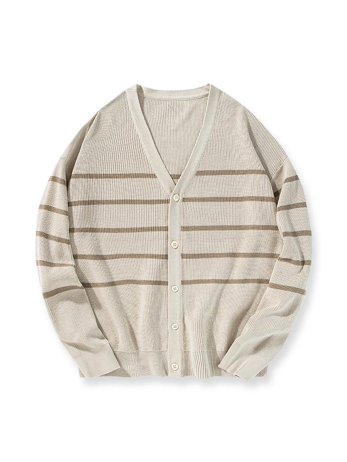 製品画像: クラシックなストライプ柄と柔らかなアクリルコットン素材で仕立てたニットカーディガン全体の外観。
詳細画像: 9ゲージの精密な編み目で仕上げたストライプ柄のディテールと、柔らかなアクリルコットン素材のクローズアップ。