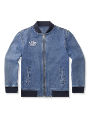 レター刺繍ワッペン付き裏カモ柄デニムスタジャン