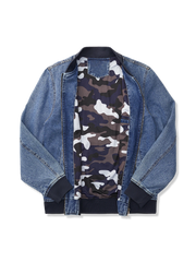 レター刺繍ワッペン付き裏カモ柄デニムスタジャン