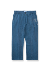 【予約】本格藍染め 刺し子綿麻ストライプ 9分スラックスパンツ