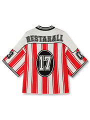 立体編みストライプ、17番ワッペン、Vネック衿元