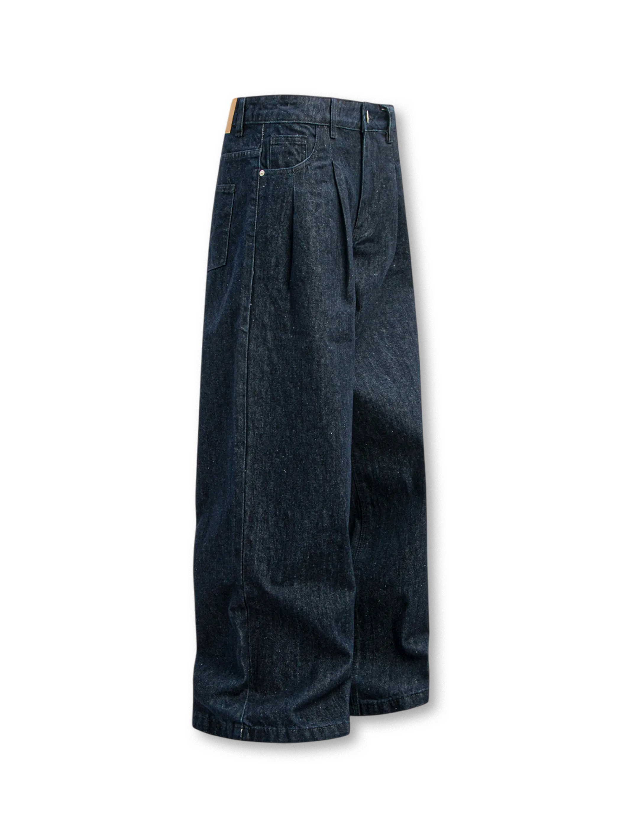 フロント&バックビューのワイドデニムパンツ全体像