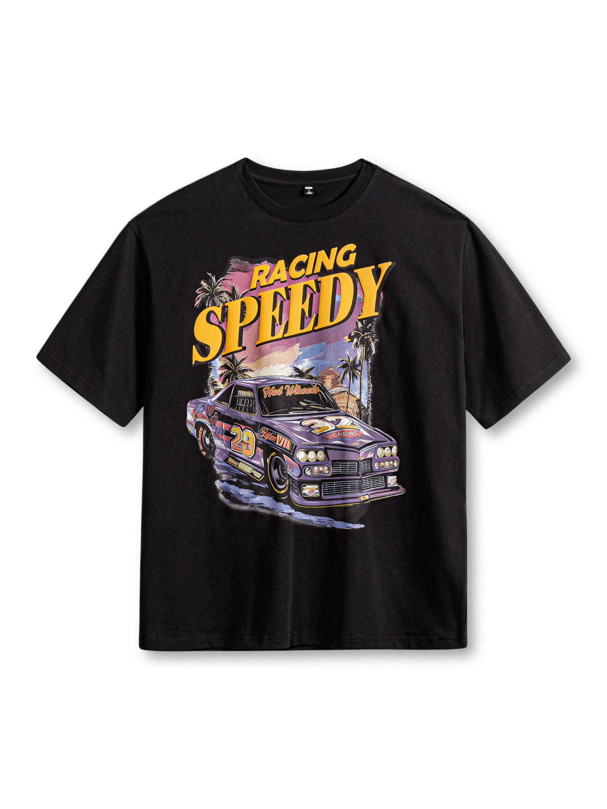 フロントにマッスルカーと「RACING SPEEDY」プリントを施したホワイトTシャツ