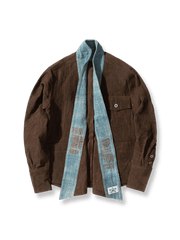 ショリョウ染め古布パッチワーク長袖前開きシャツの正面画像