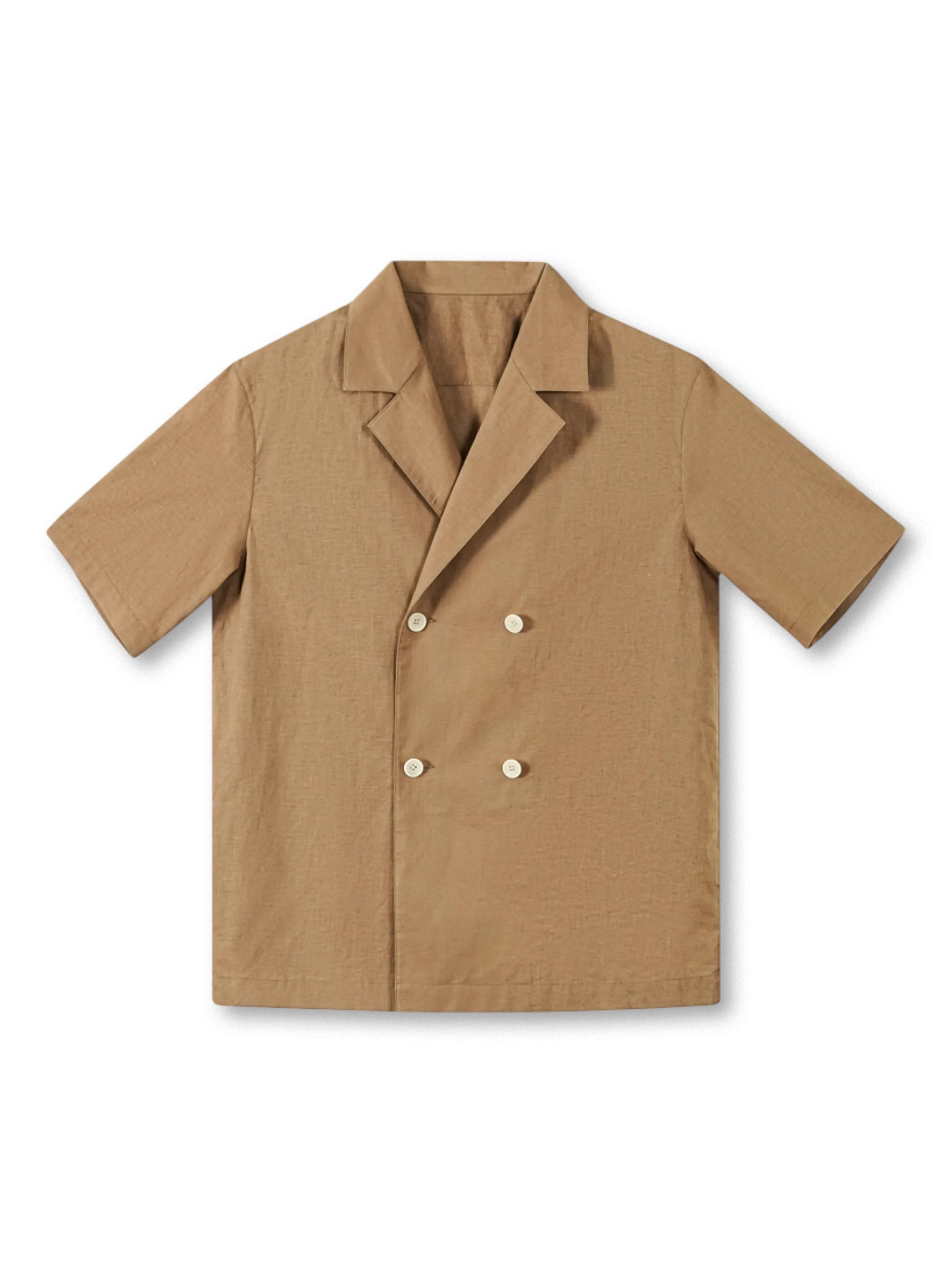 アフリカ文化を象徴する刺繍モチーフと開襟ダブルブレストが特徴の軽量コットンリネン半袖シャツ