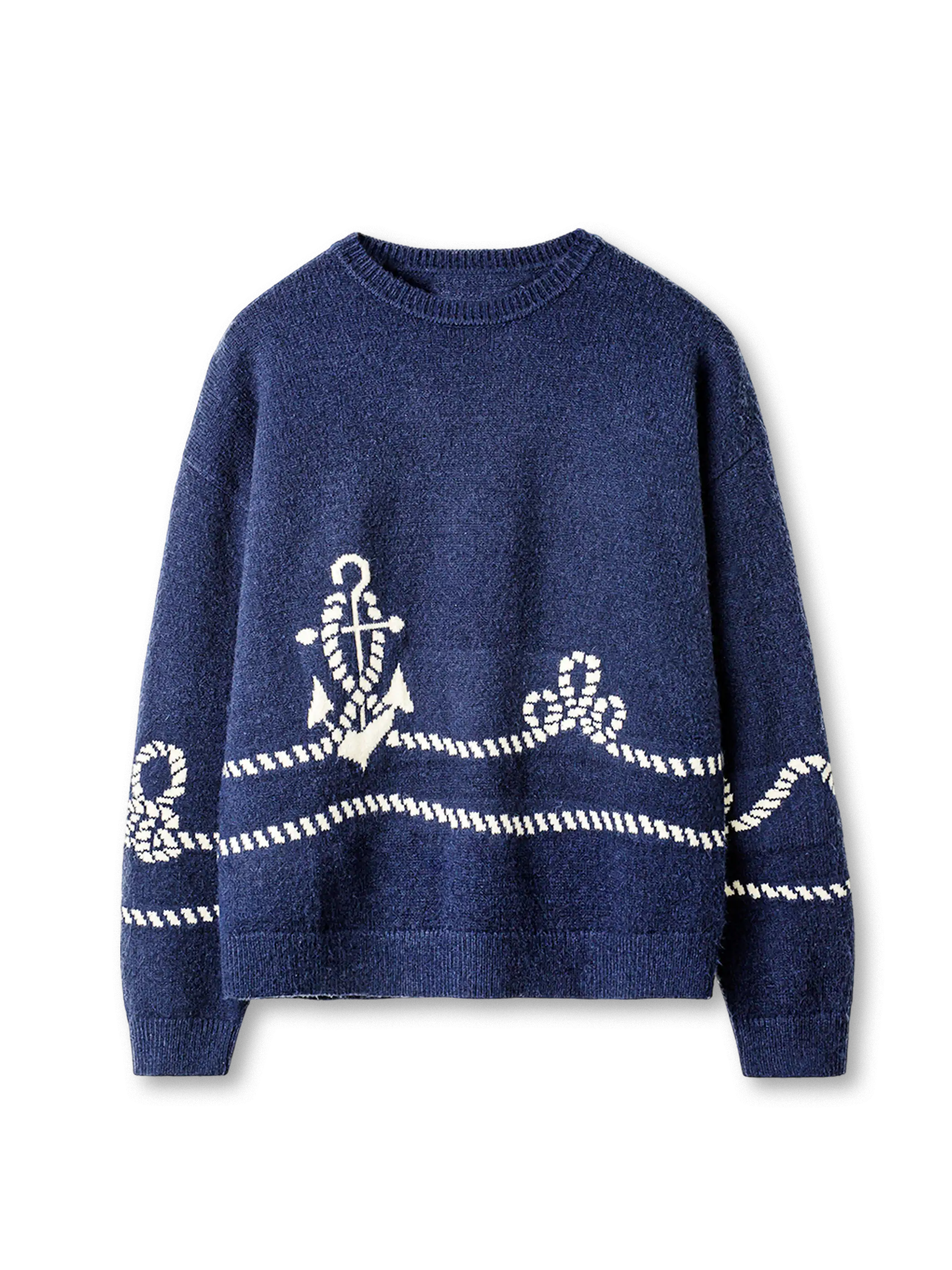 大航海時代 ダブルロープ クルーネック ネイビー ニット 船锚 ジャカード 北極フリース素材 クラシックマリンスタイル