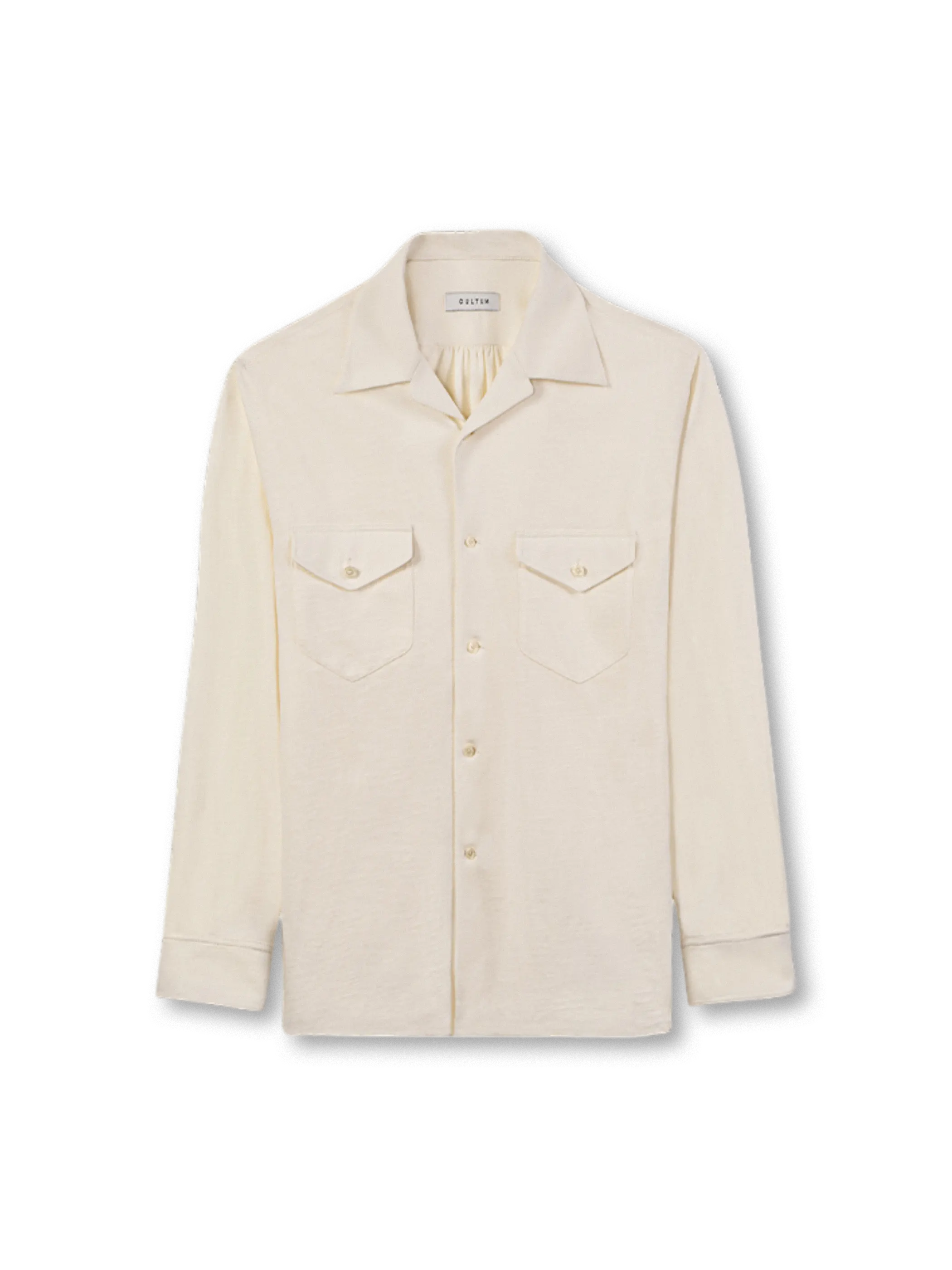 333g平編みコットンとヴィンテージミリタリーデザインが特徴のキューバンカラー長袖シャツ