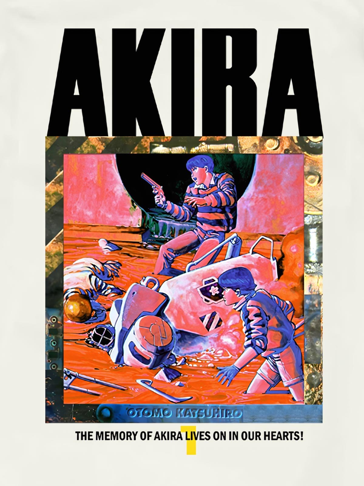 AKIRAカートゥーンプリントTシャツのディテール、鮮明な色彩と標語