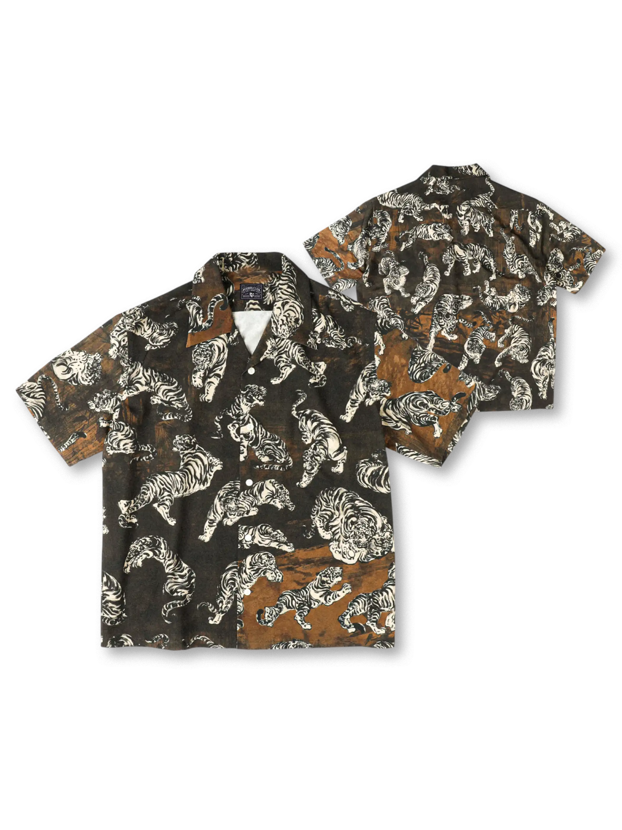 百虎柄のレトロプリントが映えるオープンカラー半袖アロハシャツ
