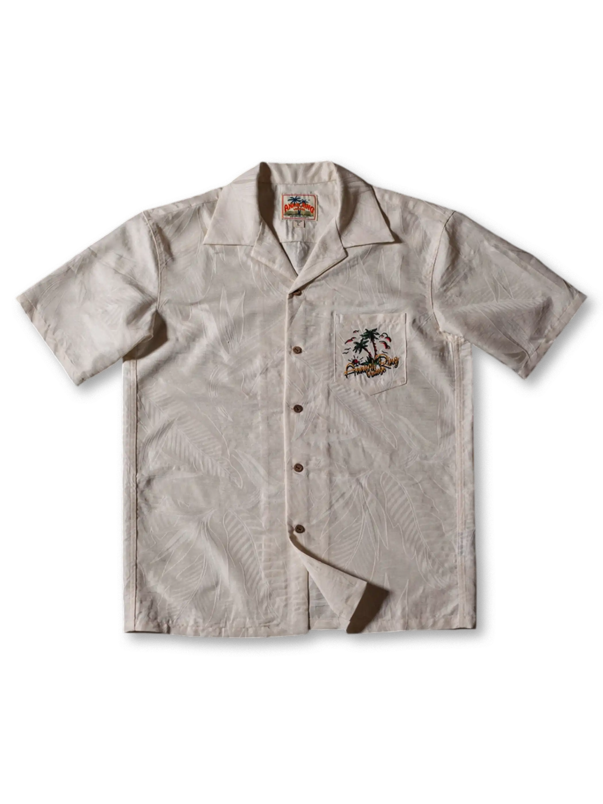 ホワイト アロハシャツ 古巴襟 メンズ ヴィンテージ風 リヨセル混紡 熱帯植物ジャカード
