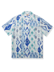 アロハキューバカラーシャツ、浅青プリント、ワイドフィット、テンセル苧麻混紡、爽やかでロマンチック