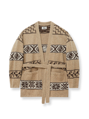 先住民の幾何学模様とトーテムが特徴のアルパカ混紡カーディガン
