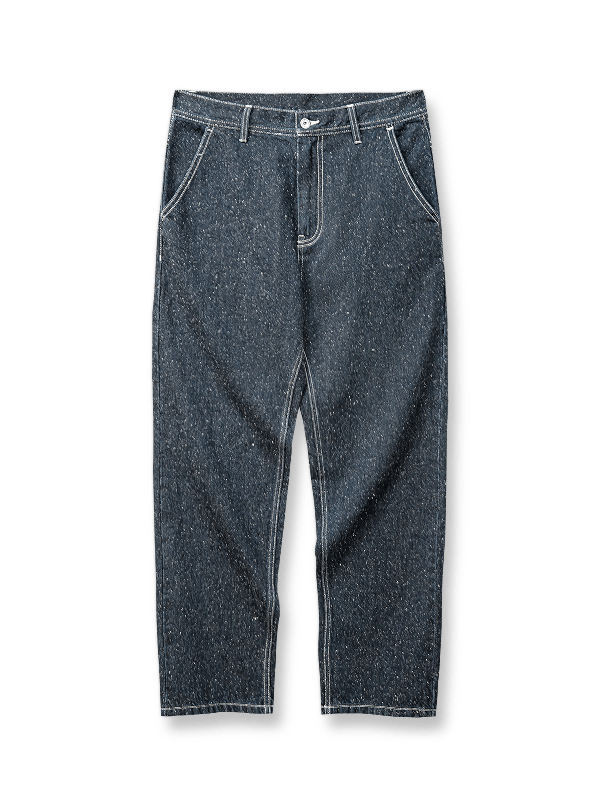 雪のような粒感のスノーデニム生地とオリーブ枝モチーフT字ボタンが特徴のストレートパンツ。