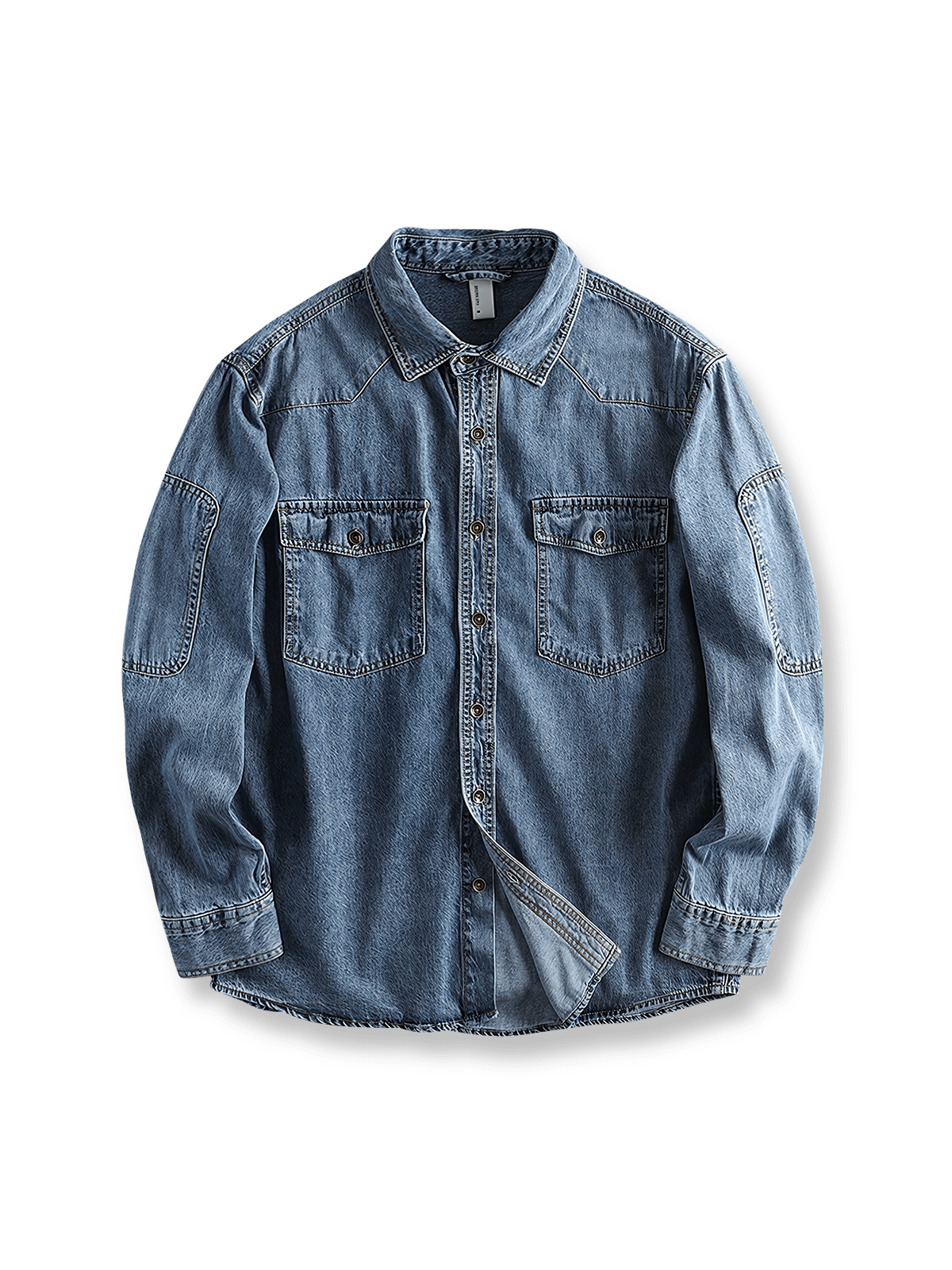 ヘビーワッシュ加工と機能的ディテールが魅力のデニムシャツジャケット