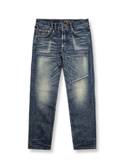 抜染加工とウォッシュが特徴のアメカジ風ストレートデニムパンツ。