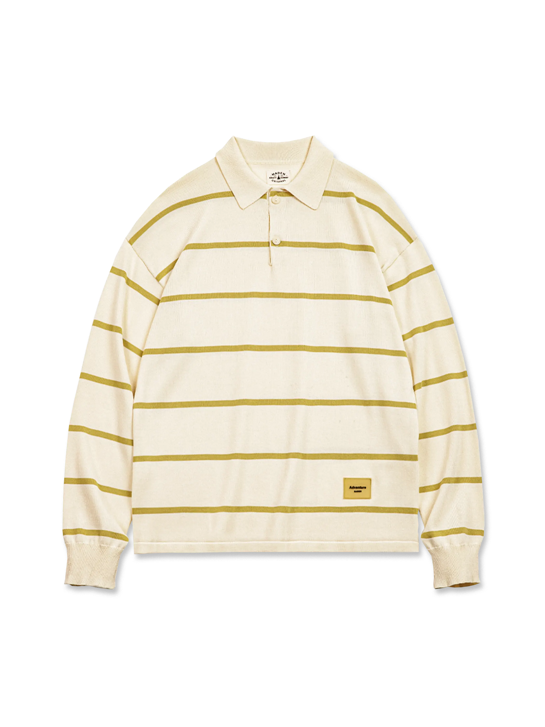 ヴィンテージ感のあるアメリカンカジュアルスタイルを表現したアイボリーとヴァイングリーンのストライプニットポロシャツ。通気性とドレープ性に優れたレーヨン・ナイロン混紡生地を使用。