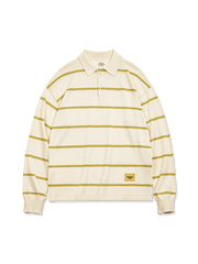 ヴィンテージ感のあるアメリカンカジュアルスタイルを表現したアイボリーとヴァイングリーンのストライプニットポロシャツ。通気性とドレープ性に優れたレーヨン・ナイロン混紡生地を使用。