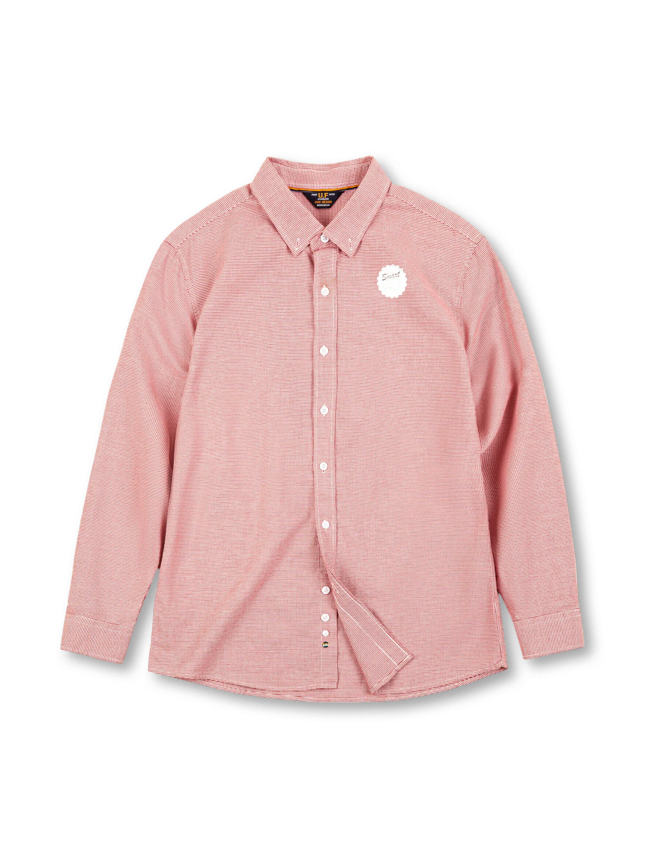 アメリカン千鳥格子柄の色織りコットン生地を使ったボタンダウン長袖シャツ