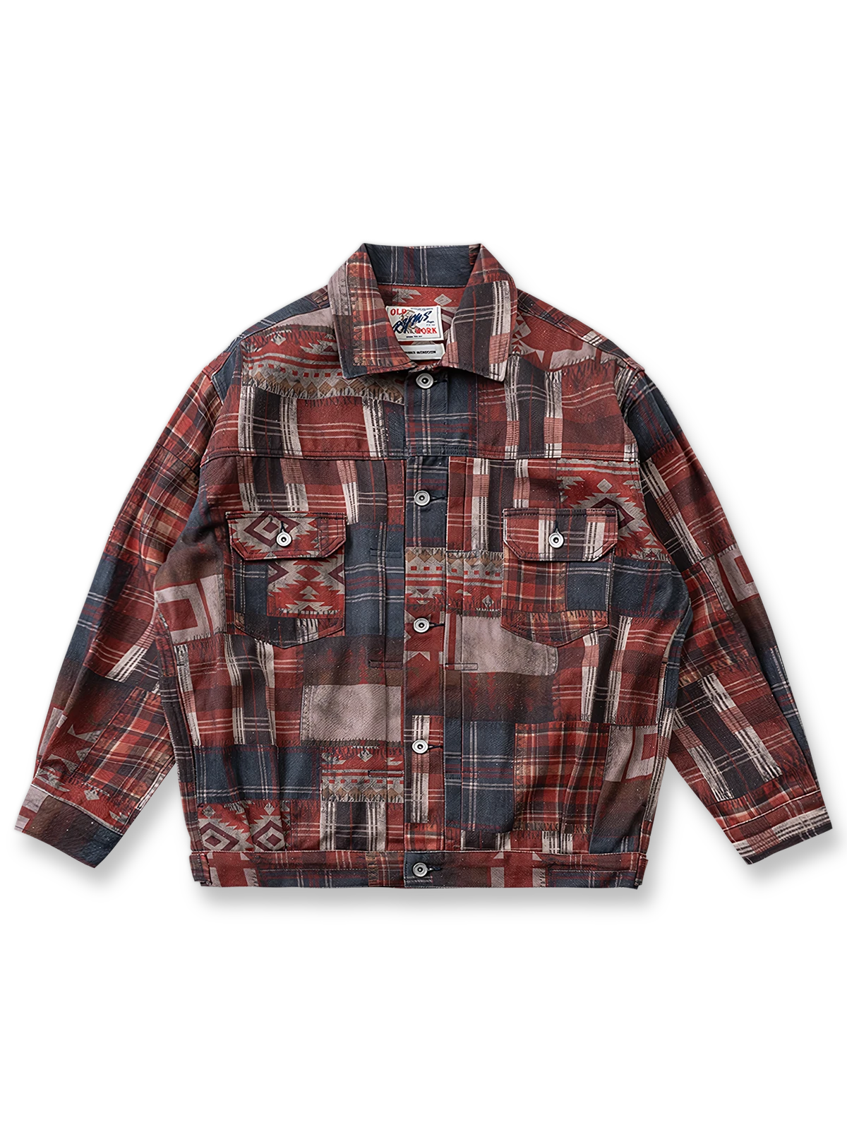 レッドとブルーのインディアン幾何学模様パッチワークワークジャケット。