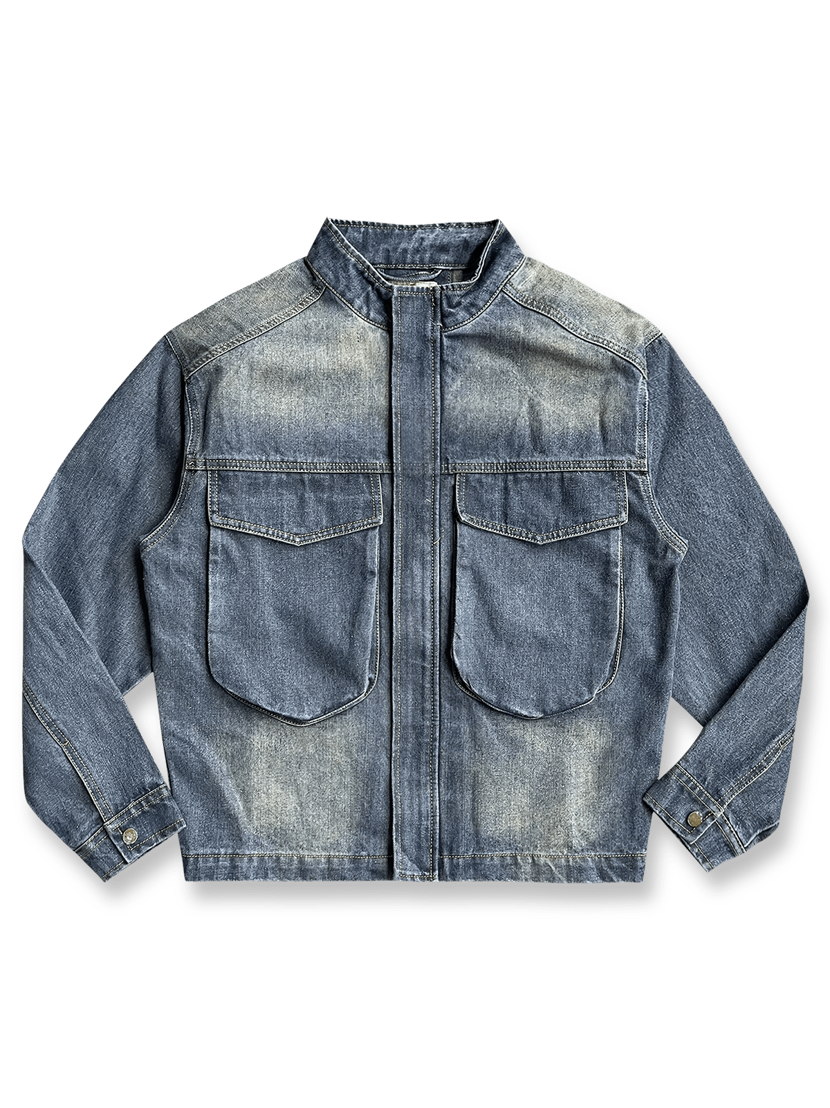 立襟と立体ポケットが特徴のヴィンテージウォッシュデニムジャケット