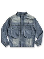 立襟と立体ポケットが特徴のヴィンテージウォッシュデニムジャケット