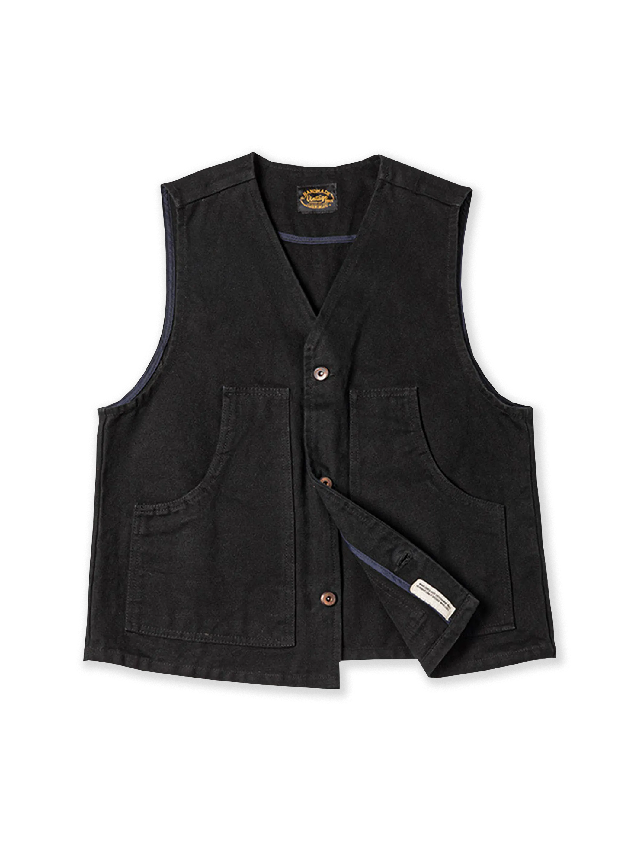 耐久性の高いワークファブリックを使用し、ツインレイヤーバックデザインと大容量ポケットを備えたラギッドなアメリカンヴィンテージハンティングベスト。