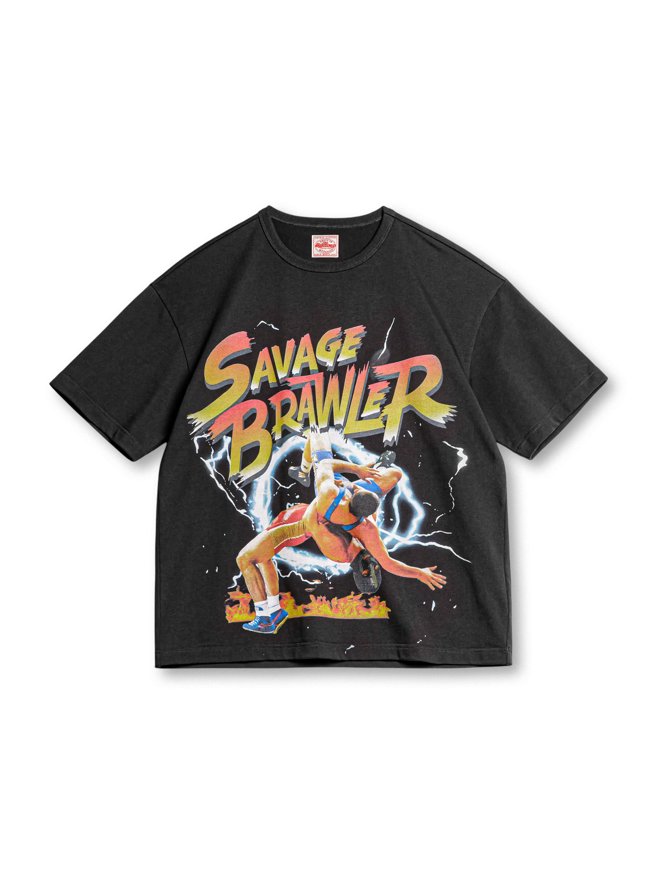 メキシコレスリングモチーフの大胆プリントが特徴のコットン100%ヴィンテージ風Tシャツ。快適な着心地。