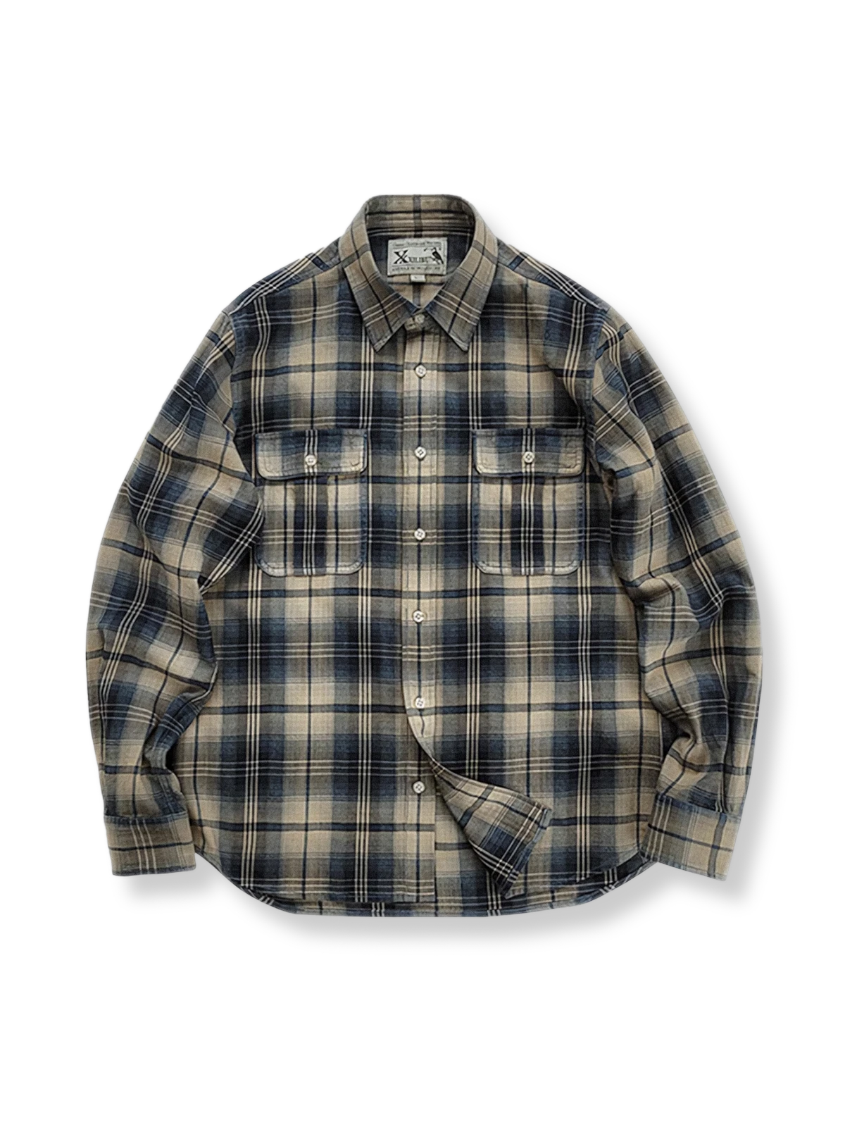 ウォッシュ加工のチェック柄が特徴のアメリカンヴィンテージスタイルメンズシャツの全体像。