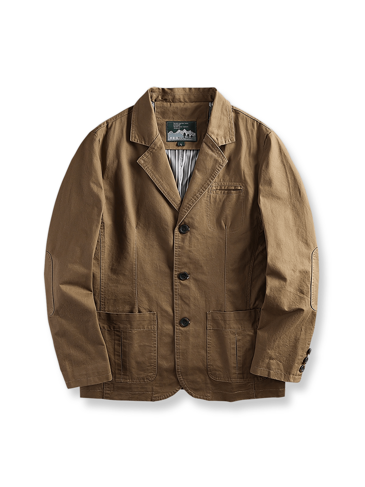 重工ウォッシュ加工のコットンブレザー、立体裁断のラペルとポケットステッチが特徴の全体像。