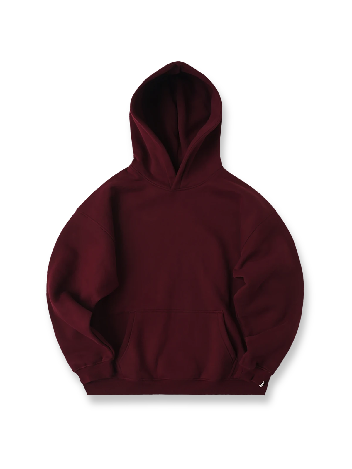 アンゴラレッド裏起毛パーカーの全体正面画像、カンガルーポケットと厚手リブ袖口のディテール。