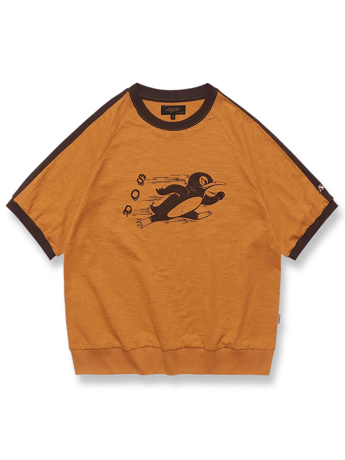 ペンギンとトーレンのアニメ柄抜染プリントが施されたスウェット風ショートスリーブTシャツ