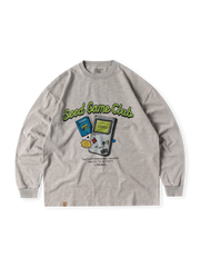 古布機織りテクスチャーとヘビのゲームモチーフが特徴の長袖Tシャツ。厚手リブ付き。