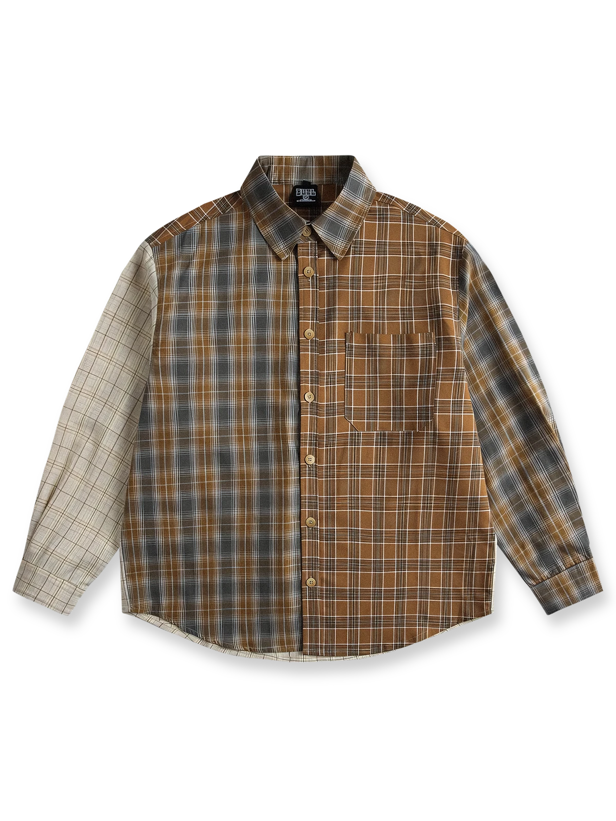 アシンメトリーデザインのチェック柄パッチワークシャツ。快適なルーズフィットと高級感あるボタンディテールが特徴。