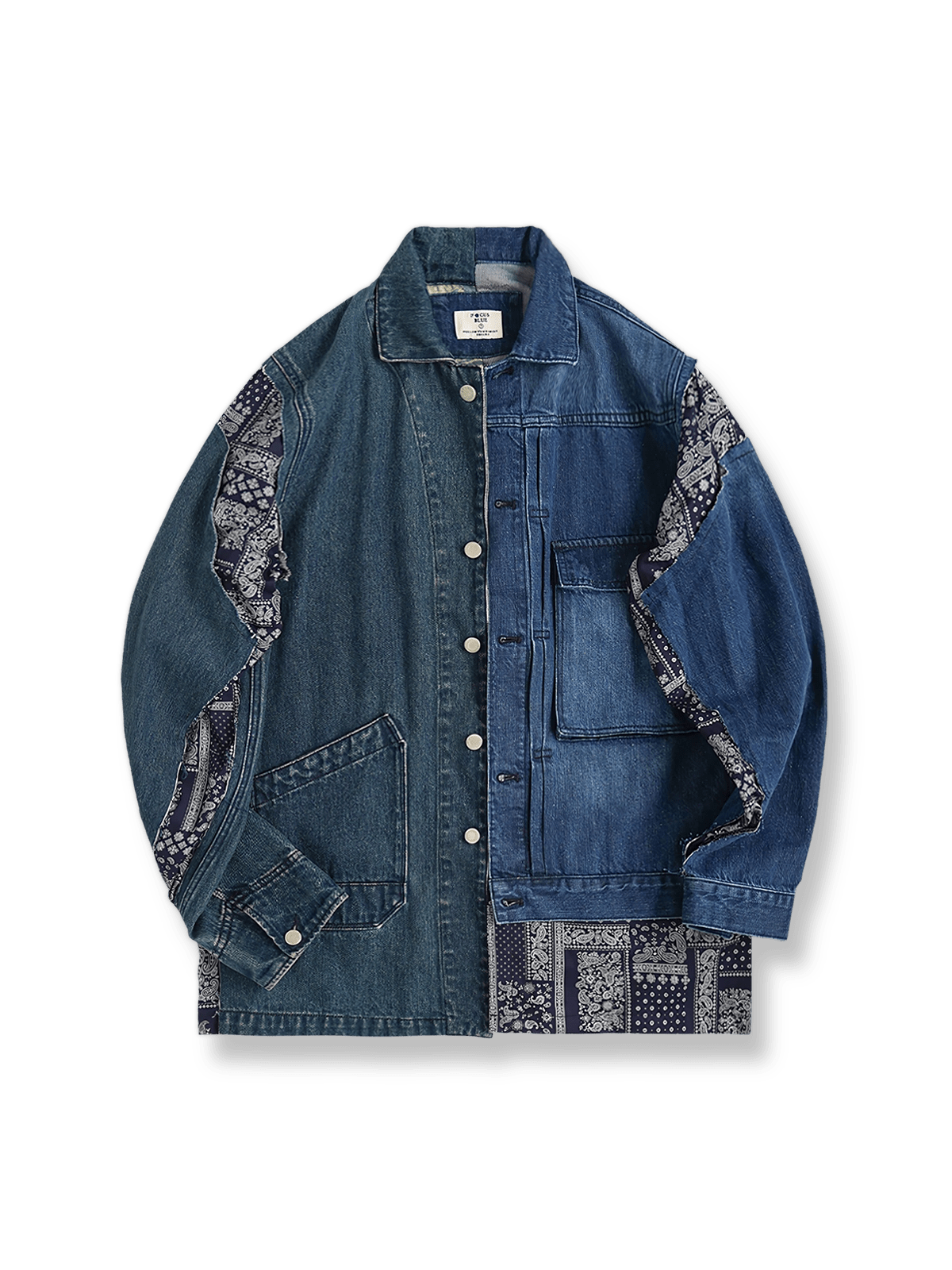 アシンメトリーデザインとペイズリー切り替えが特徴のリメイクデニムジャケット