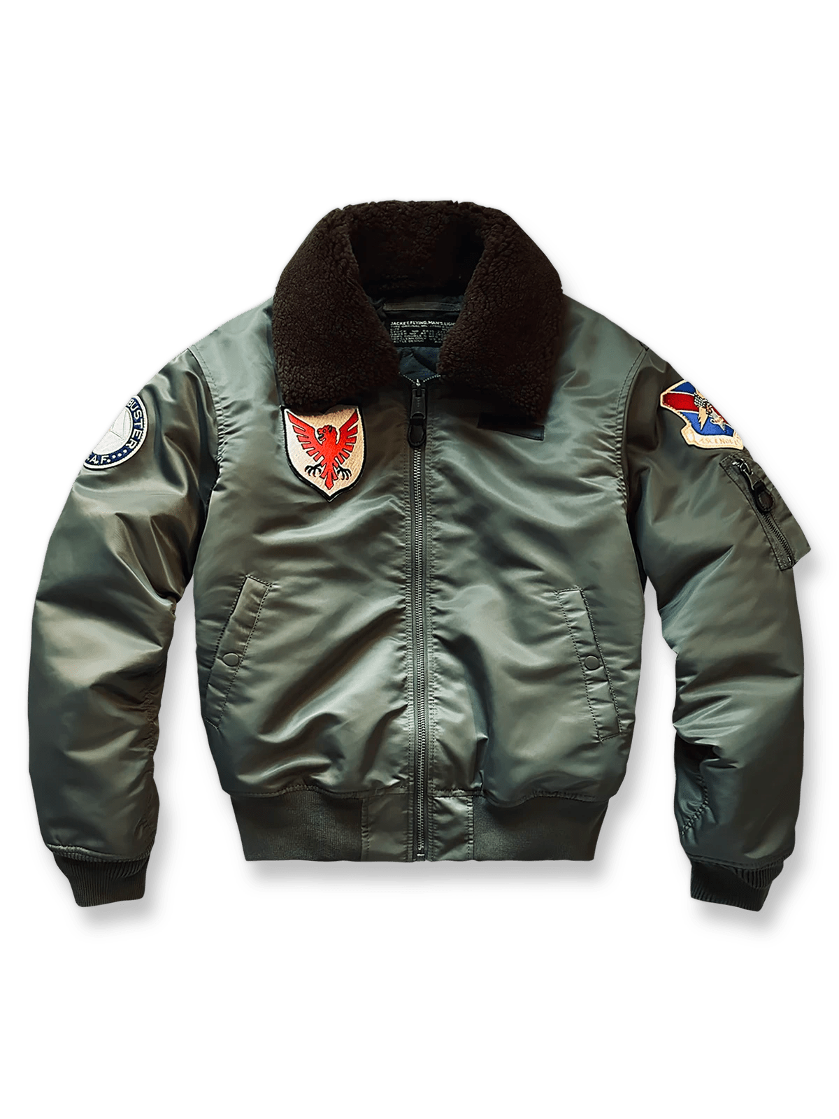 製品画像: B-15Dフライトジャケットの正面画像
詳細画像: 取り外し可能なファー襟とメタルパーツ、ジッパーのディテール