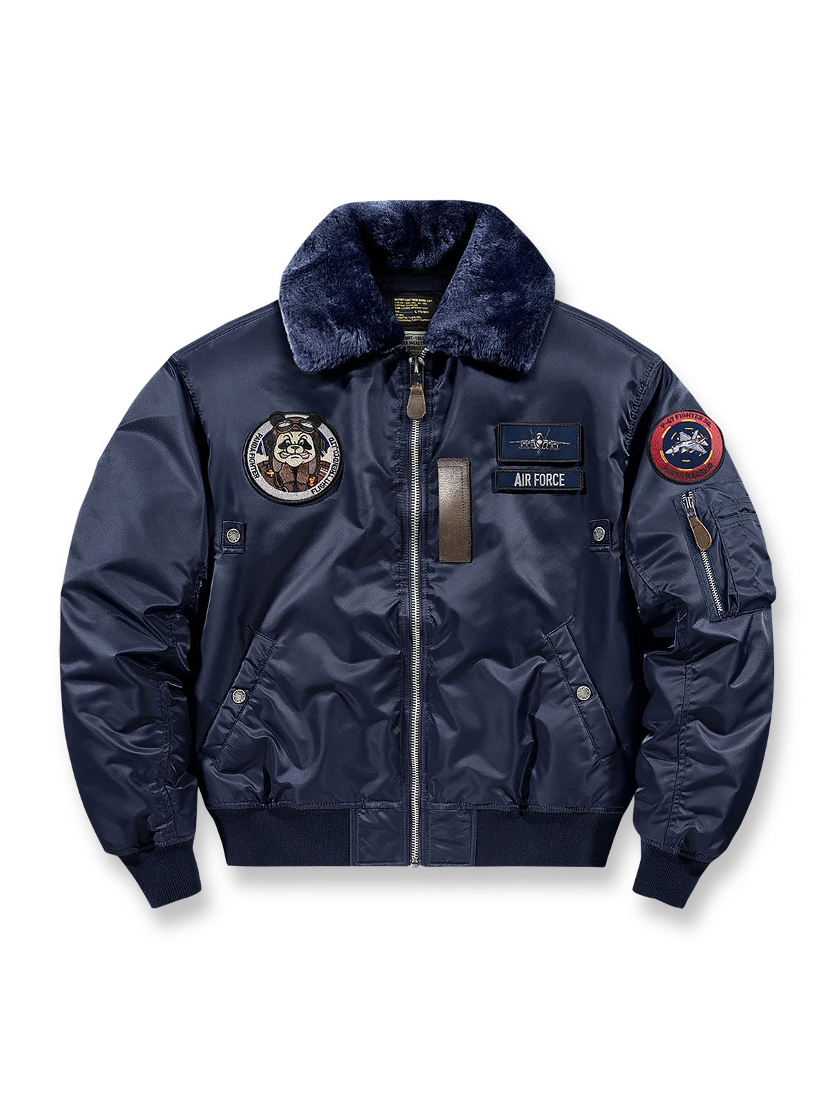 シープスキン襟と多機能ポケットを備えたB-15フライトジャケット。
