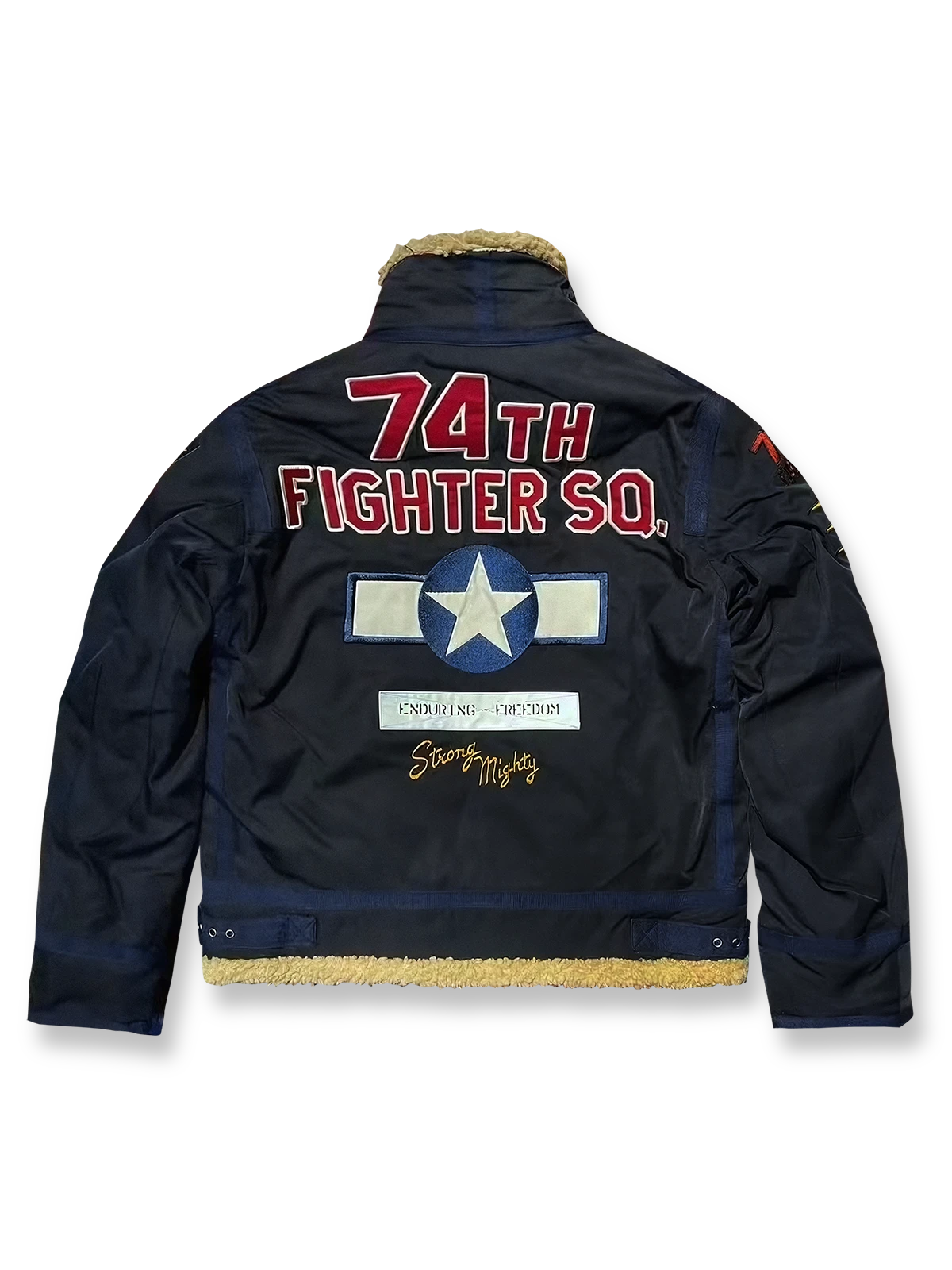 第74戦闘飛行中隊刺繍入りのリバイバル版B3フライトジャケット。