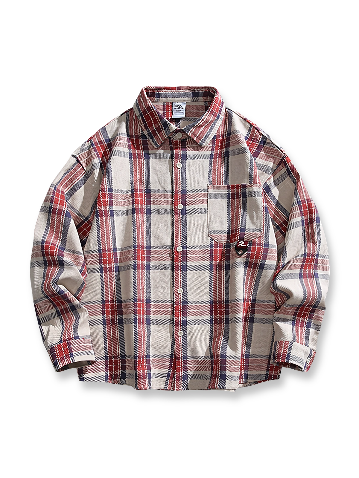 胸元にバッジを配したアメリカンヴィンテージ風チェック柄長袖シャツ。100%コットン素材とルーズフィットシルエットを特徴とするアイテム。