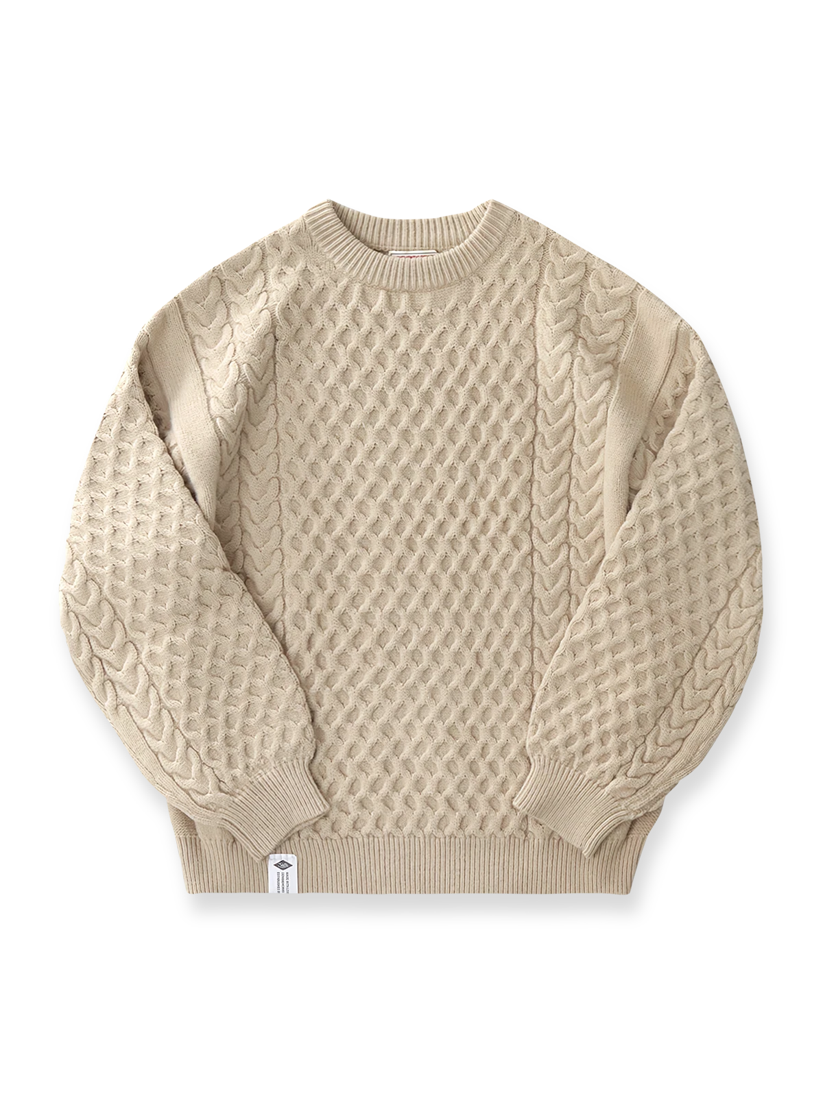 バルーンスリーブとチェック柄ツイスト編みが特徴の厚手ニットセーター。