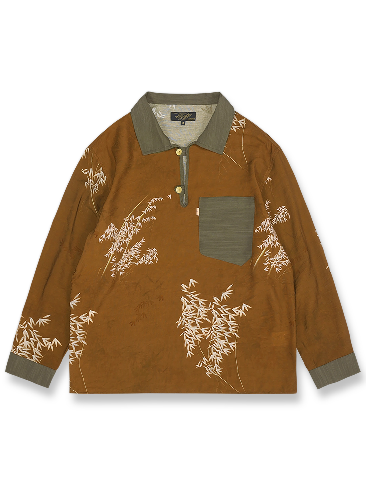 竹葉柄とカラーブロックのプルオーバー長袖シャツ