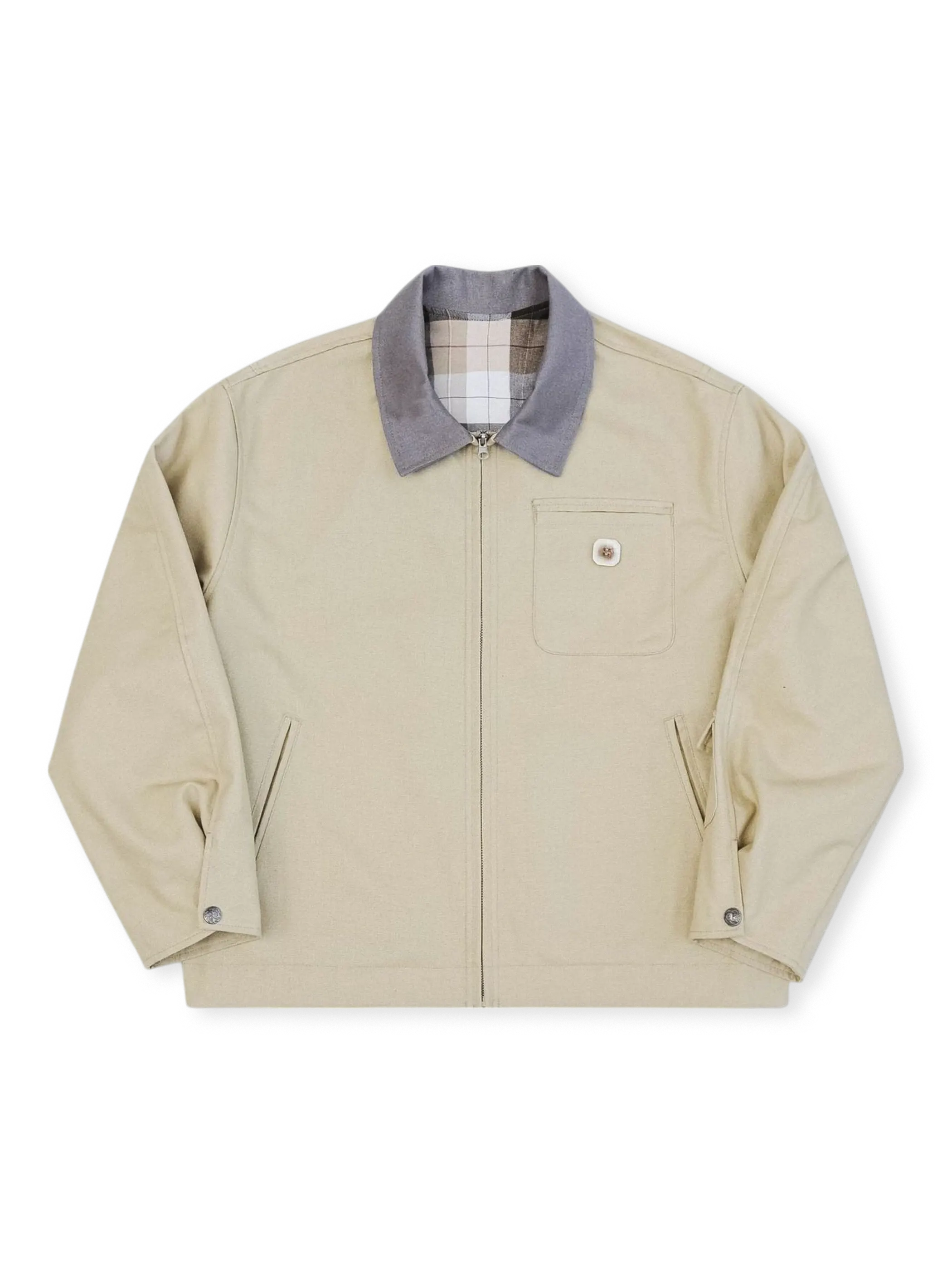 デトロイト工装風のバーン風コントラストキャンバスジャケット。翻領とパッチワーク胸ポケットが特徴。
